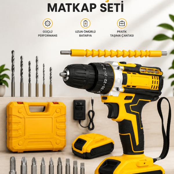 24 Parça Çift Bataryalı Şarjlı Matkap Seti 24W Motor ve Otomatik Mil Kilitli Tasarım - Vipsepet