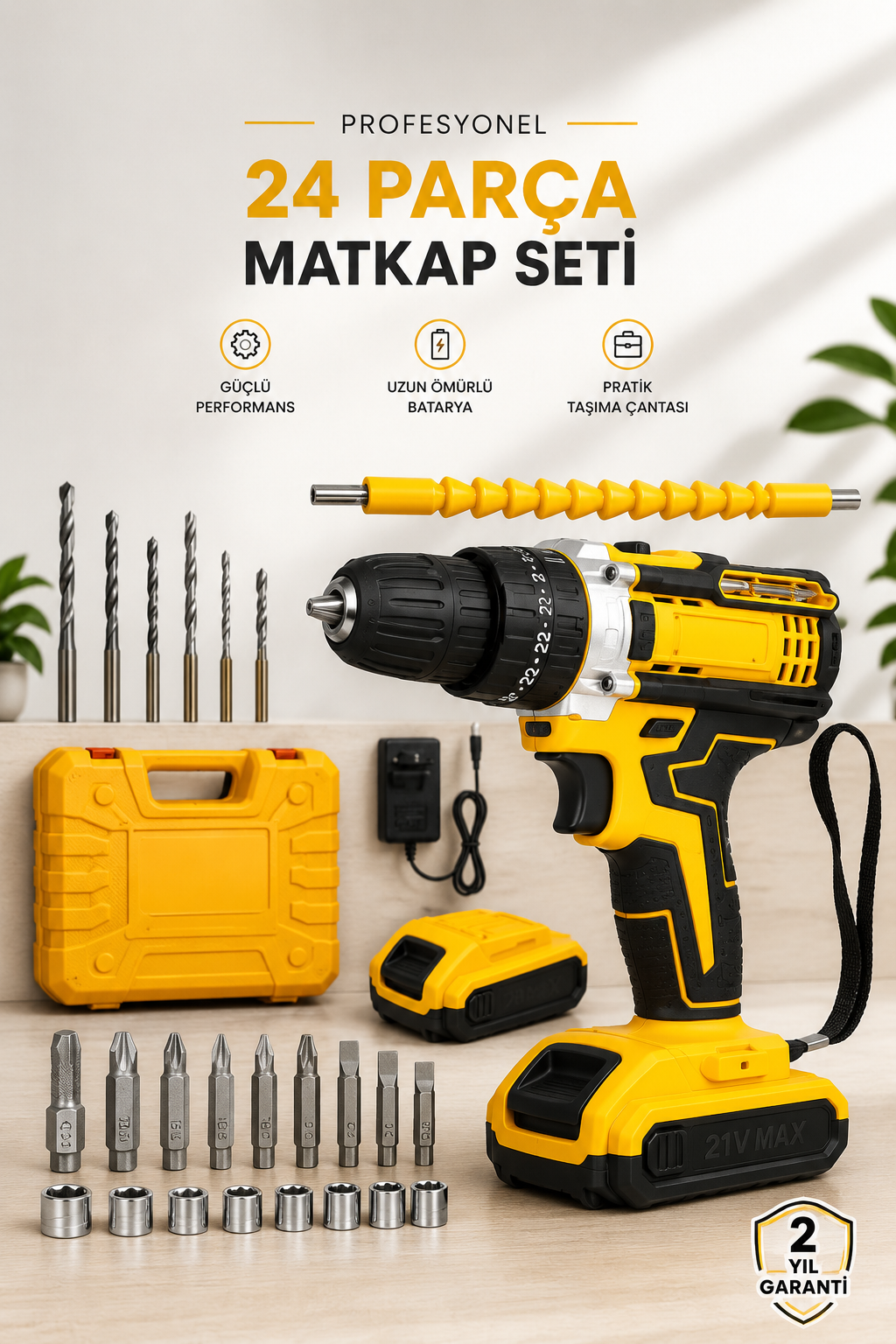 372478f1-7cf1-4f3d-9887-c3fa5ce98b3f 24 Parça Çift Bataryalı Şarjlı Matkap Seti 24W Motor ve Otomatik Mil Kilitli Tasarım - Vipsepet - Görsel 1