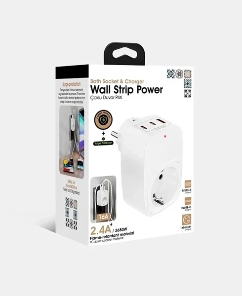 Tekli Yüksek Voltaj Korumalı Duvar Prizi 2x Type-c 1x Usb Çıkışlı Priz Grup Priz Çoğaltıcı Beyaz ( Vipsepet )