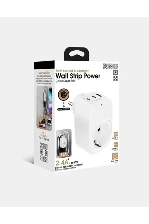 698df25d7e8c2-13597419-sw490sh736 Tekli Yüksek Voltaj Korumalı Duvar Prizi 2x Type-c 1x Usb Çıkışlı Priz Grup Priz Çoğaltıcı Beyaz ( Vipsepet ) - Görsel 1