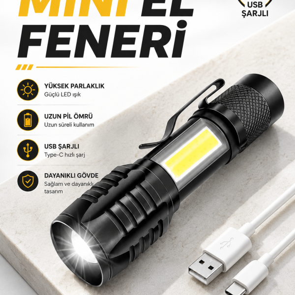 El Feneri Led USB Şarjlı Zoom Mini Led Işık Acil Durum Feneri - Vipsepet